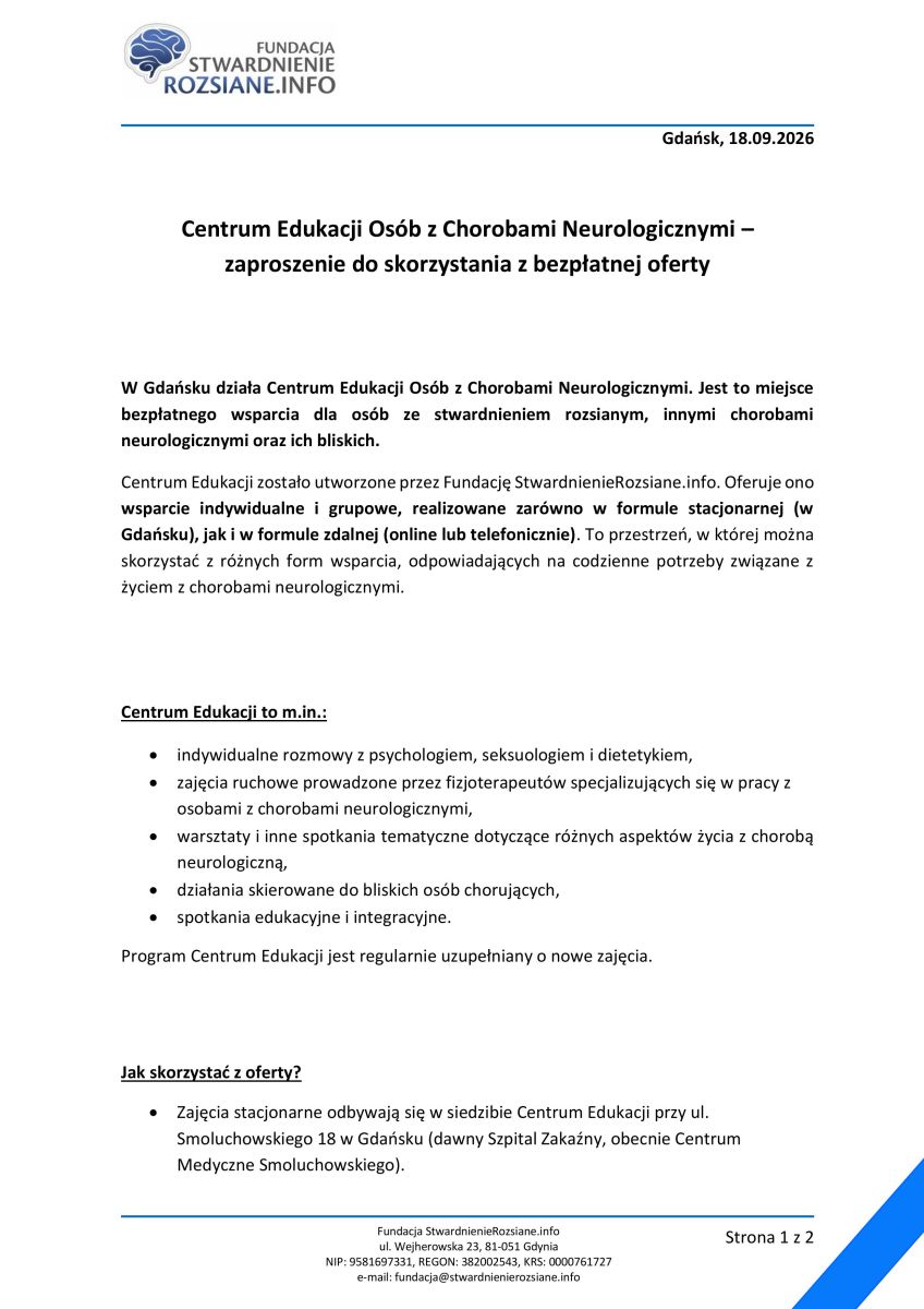 Zdjęcie: Bezpłatne wsparcie dla osób ze stwardnieniem rozsianym, jak i innymi chorobami neurologicznymi, a także ich bliskich.