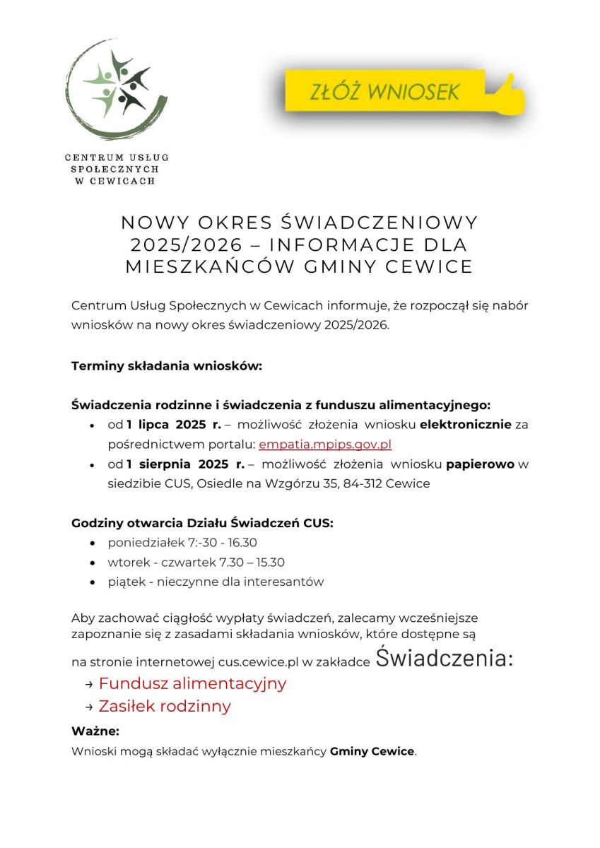 Zdjęcie: NOWY OKRES ŚWIADCZENIOWY 2025/2026