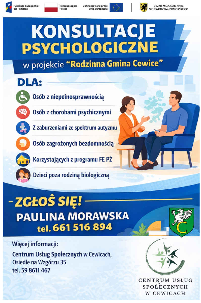 Zdjęcie: KONSULTACJE PSYCHOLOGICZNE  w projekcie „Rodzinna Gmina Cewice”